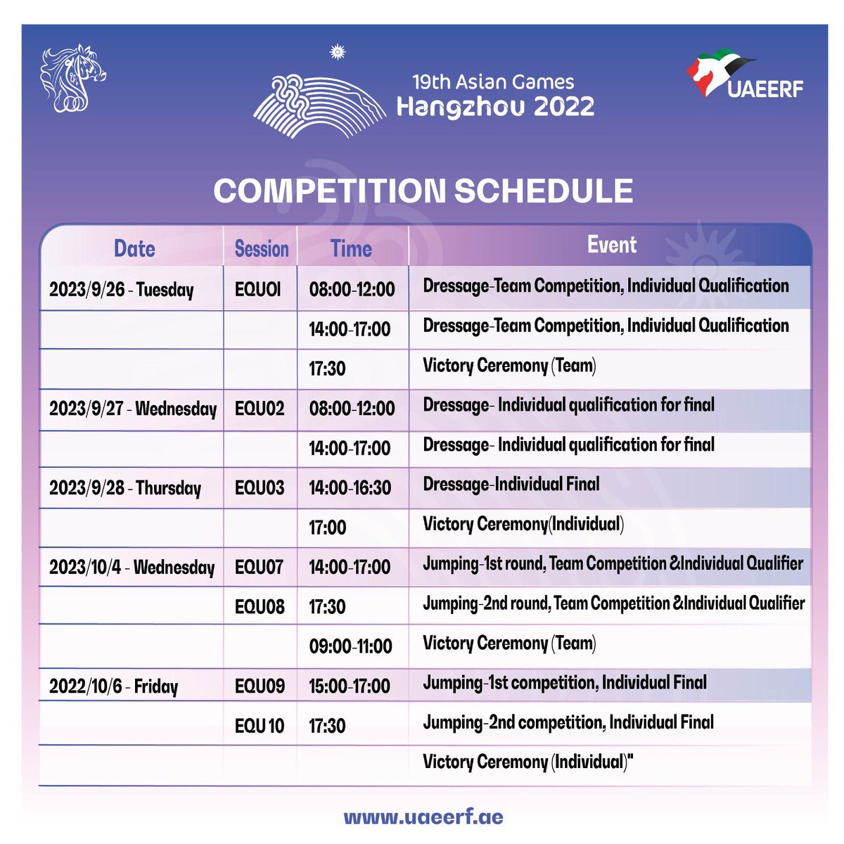 جدول مشاركة منتخبي #الترويض و #قفز_الحواجز في الألعاب الآسيوية المقامة في مدينة #هانجتشو في #الصين و التي ستبدأ بمنافسات الترويض غدا صباحا ، مع مراعات فرق التوقيت حيث يزيد توقيت الصين عنا بأربع ساعات ، بالتوفيق لفرسان منتخبنا الوطني 🇦🇪.

#اتحاد_الإمارات_للفروسية_والسباق #uaeerf