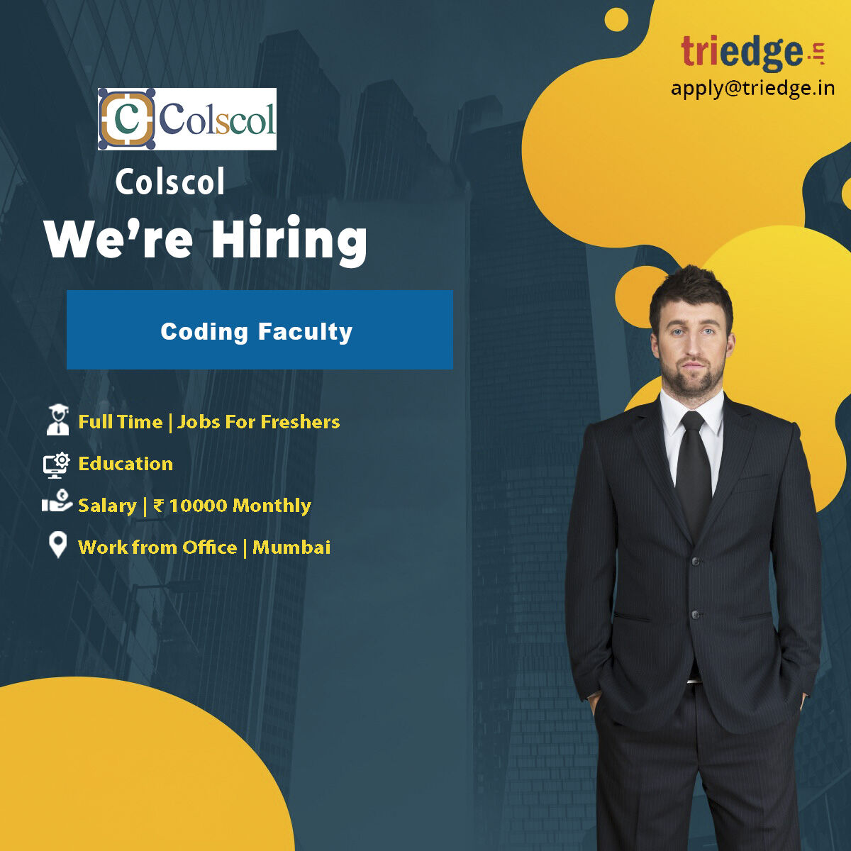 Triedge_in's tweet image. Colscol is providing job opportunities for the role of coding faculty. Apply with your resume at apply@triedge.in.
#Codingfaculty ##faculty #developer #technology