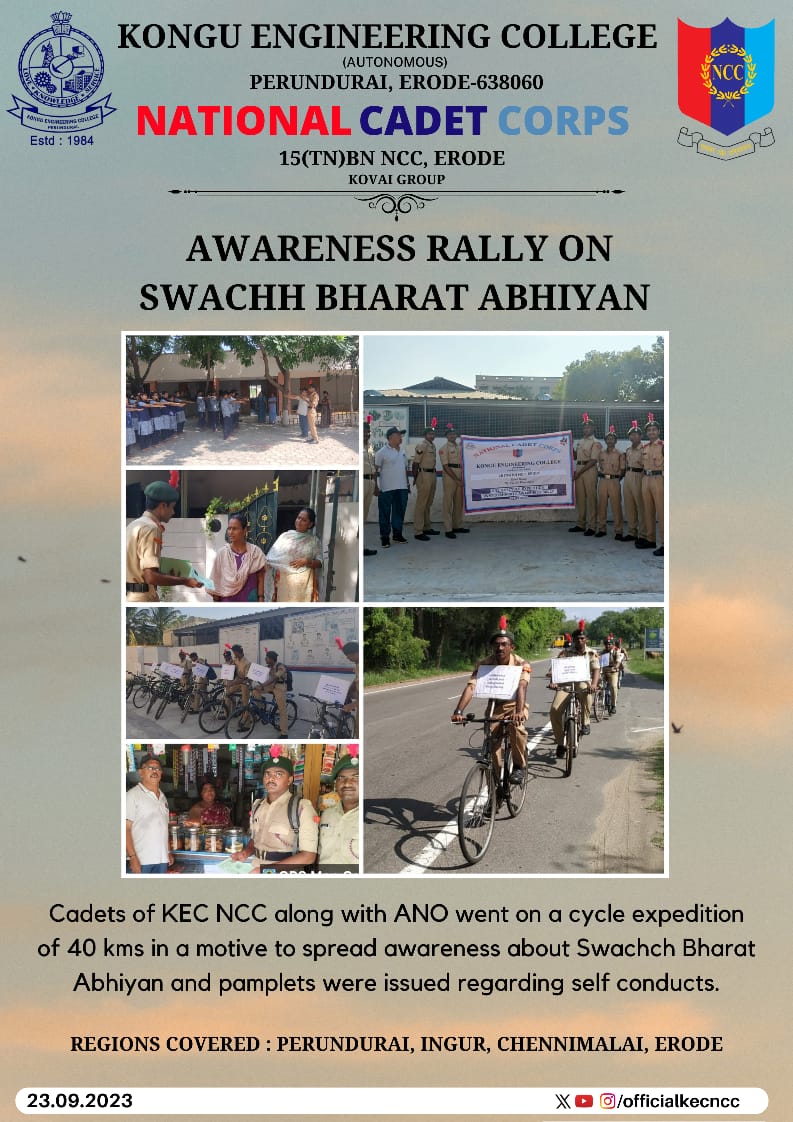 KecNcc's tweet photo. Cadets of @KecNcc went on a cycle expedition of 40kms to spread awareness about the Swachh Bharat abhiyan. Their path was set ablaze with their keen motive.

@erodencc 
@Ko_Champions
@NCCDte_TNPAN 
@HQ_DG_NCC 
#SwachhBharat 
#cycleexpedition https://t.co/wMcQASLuop