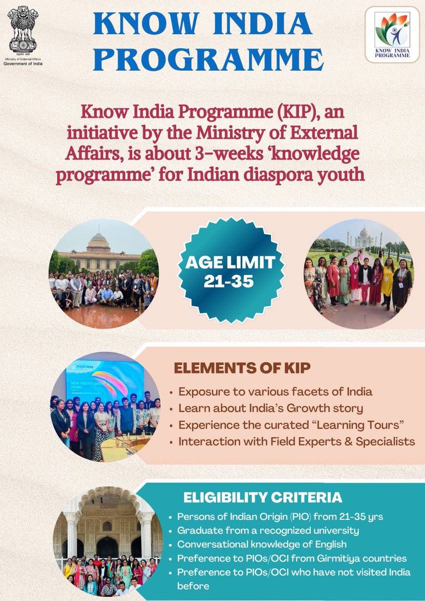 IndiaInBahrain's tweet photo. Register at : https://t.co/stSqGIMtZZ to participate in the 68th to 75th editions of #KnowIndiaProgram organized by @MEAIndia, a 3-week orientation program in India for the Indian diaspora youth (21-35 years).
Guidelines👇🏻
https://t.co/OYN6D2sRzc https://t.co/Oa6UMdEoco