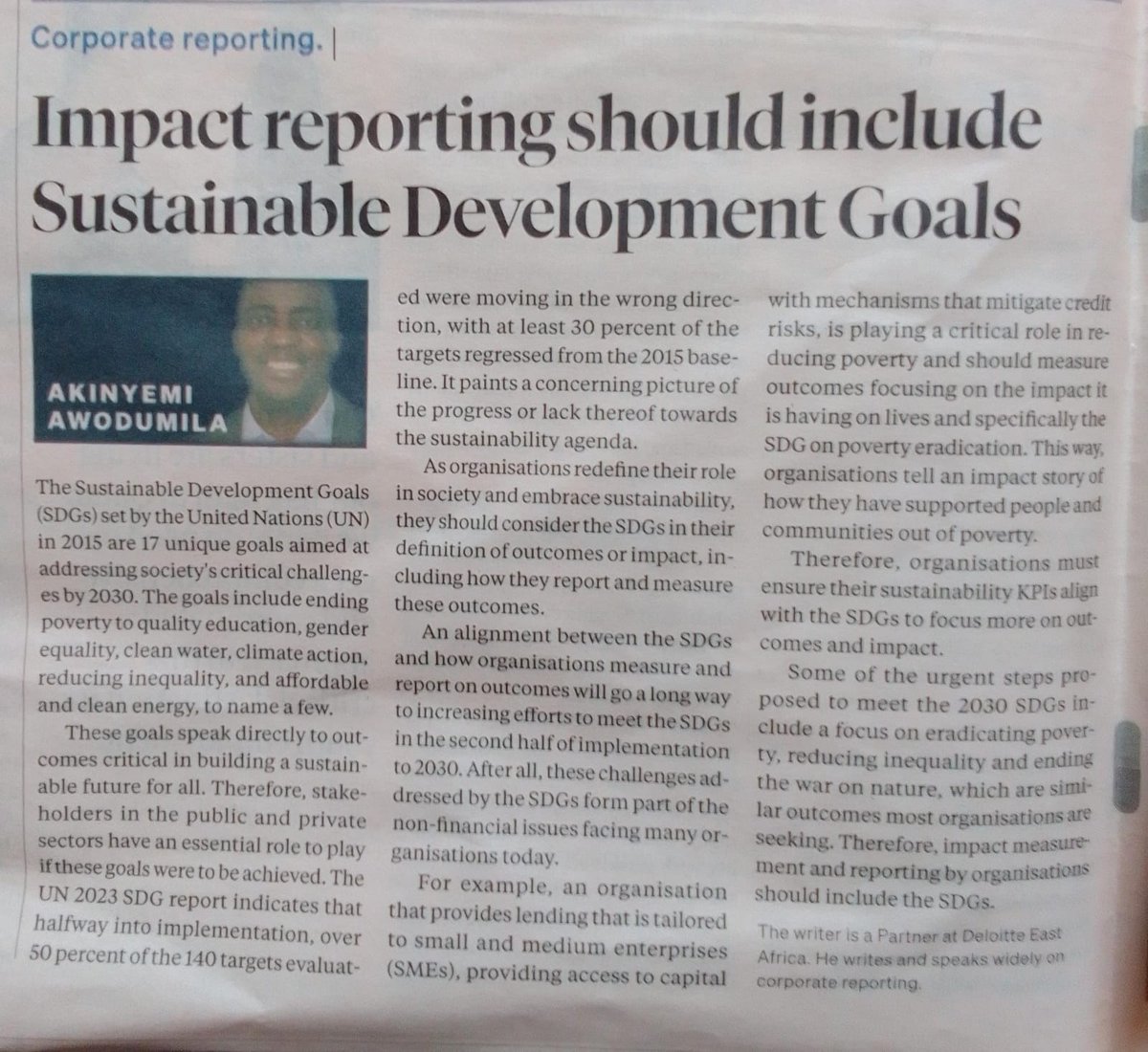 nikogreenKE's tweet photo. "... organizations must ensure their sustainability KPIs align with the SDGs to focus more on outcomes and impact."  @AkinyemiAwodum1 asserts in today's @BD_Africa. 
Visit our website https://t.co/GU56byWBTc for more information on sustainability strategies. #sustainability https://t.co/Zin4g4Ojvp
