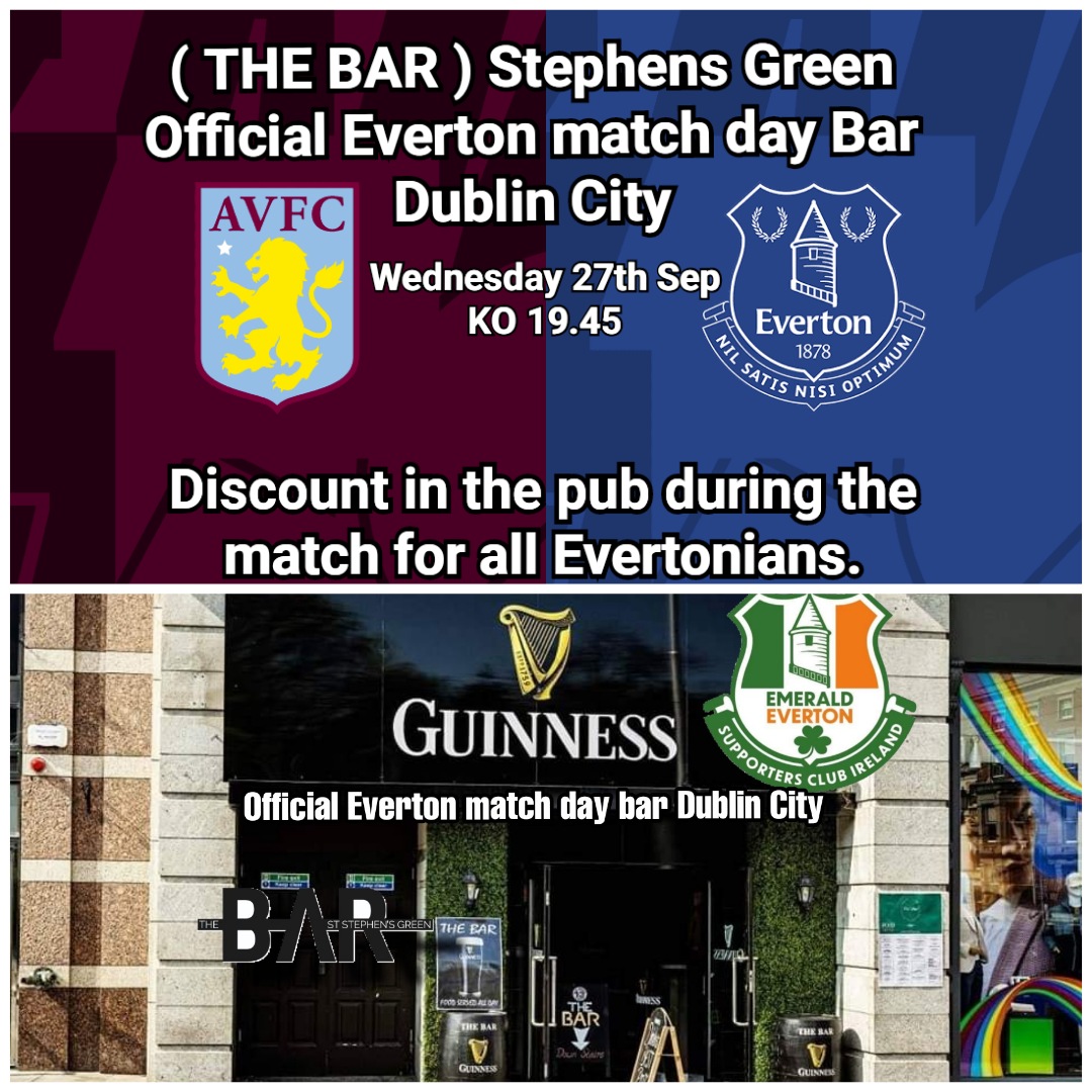 EmeraldBluesIre's tweet photo. For anyone around Dublin City Wednesday we will have the game on at the official home of Everton in Dublin ( THE BAR ) Stephens Green #ASVEVE 
We will also have the game on this coming Saturday Everton V Luton KO 3pm All Blues Welcome. #EFC https://t.co/XSdlu70e8Q