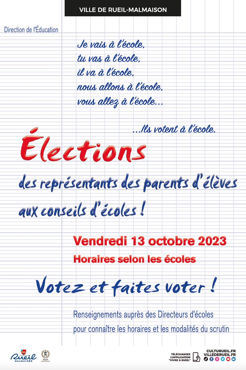 🗳️ Le 13 octobre auront lieu les élections des représentants des parents d’élèves aux conseils d’école ▶️ Pour plus d’informations, nous vous invitons à vous renseigner auprès des Directeurs d’écoles afin de connaître les horaires et les modalités du scrutin.