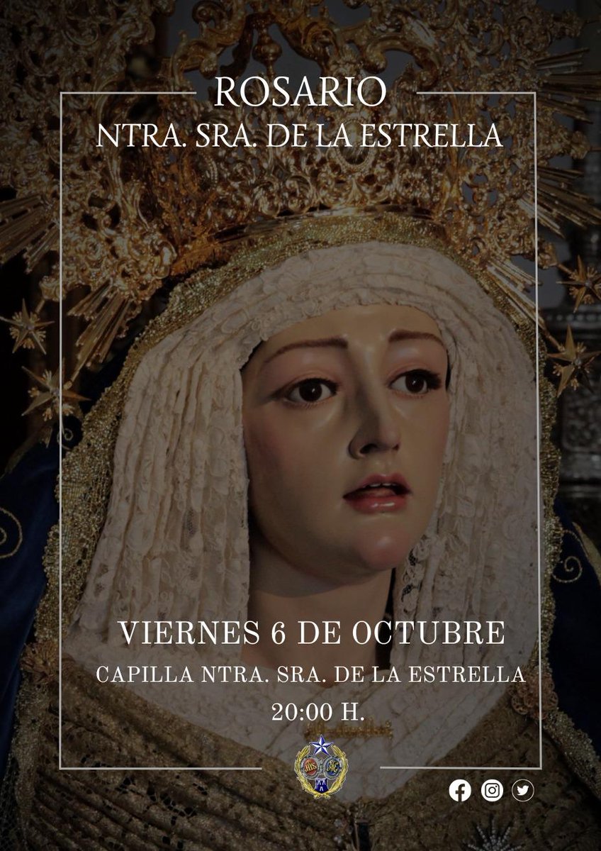 🌟ROSARIO VESPERTINO|

Nos complace anunciar la realización del Rosario Vespertino en honor a Nuestra Señora de la Estrella. 
Será realizado por las calles de nuestro barrio, Santa Ana.

📆 Viernes 6 de octubre.
📍 Capilla de Ntra. Sra. De La Estrella.
🕐 20:00h.
