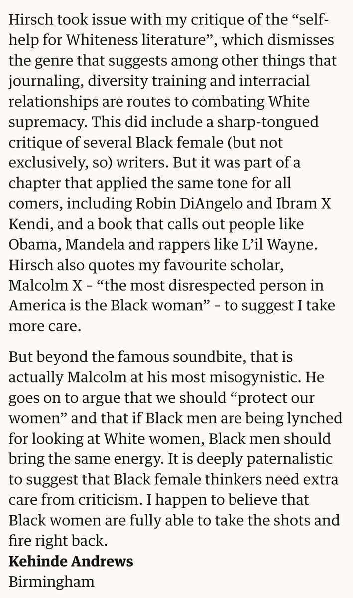 The Observer published my response to their review of the #PsychosisOfWhiteness.  For the record I drew heavily on the work of Black female scholars AND critiqued others in the same tone as the rest of the book. It is vital to #citeBlackWomen but we don't always have to agree