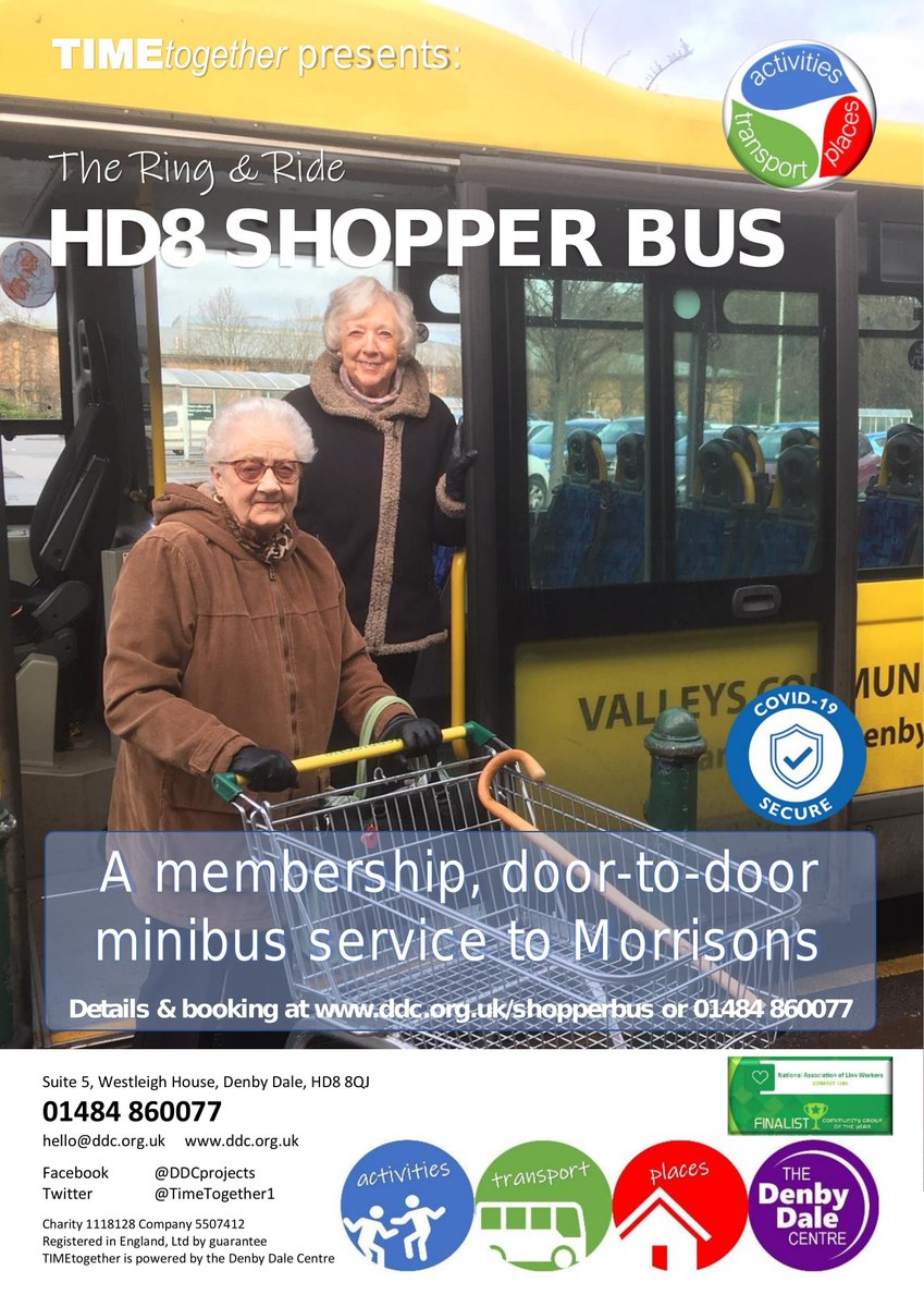 Need some help to do your shopping? We run a shopper bus in HD8 area Please contact our help line to find out more.  01484 860077.  #meetingnewpeople #shoppingessentials  #kirklees #volunteer #TimeTogether ddc.org.uk