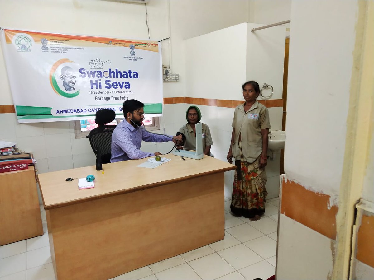 cbahmedabad's tweet photo. Health Checkup campaign organized for all the sanitation workers under Swachhta Hi Seva 2023 @PMOIndia @DefenceMinIndia @giridhararamane  @sonamley @adgcantts_dgde @DefencePRO_Guj @pddesc #SHS2023 #GarbageFreeIndia https://t.co/gn6DD17wsG