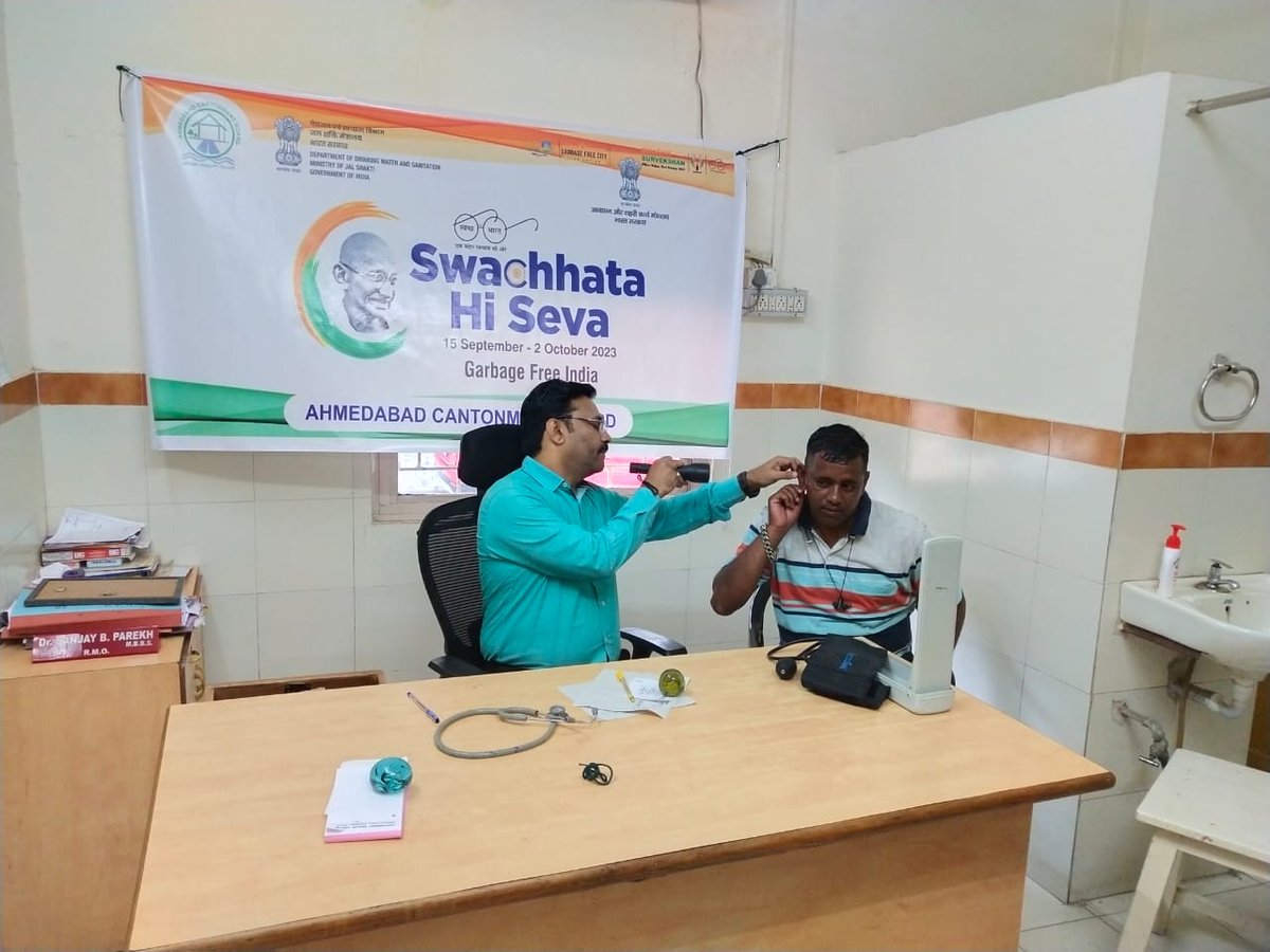 cbahmedabad's tweet photo. Health Checkup campaign organized for all the sanitation workers under Swachhta Hi Seva 2023 @PMOIndia @DefenceMinIndia @giridhararamane  @sonamley @adgcantts_dgde @DefencePRO_Guj @pddesc #SHS2023 #GarbageFreeIndia https://t.co/gn6DD17wsG