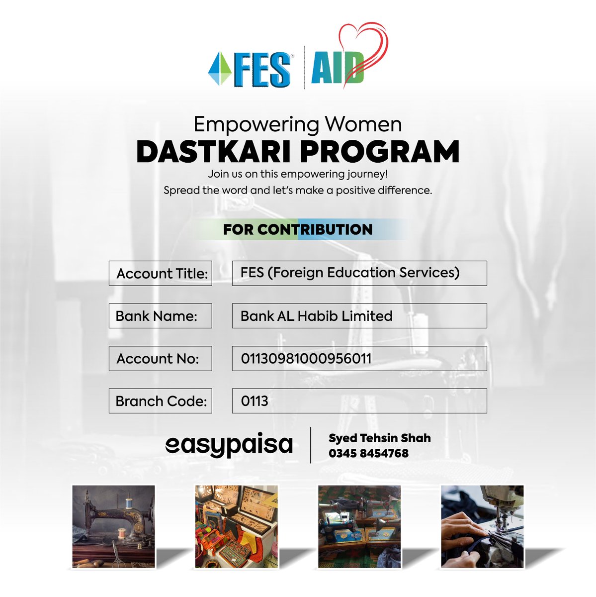 Ahmerfid's tweet photo. Introducing "Dastkari Program" by FES AID - Empowering Women
We believe in the power of women-led initiatives and our new endeavor, "Dastkari Program" aims to uplift and empower women.  
Join us on this empowering journey! 
#FESAID #donations #contribution  #fes2023 https://t.co/RhoDWZAOcy