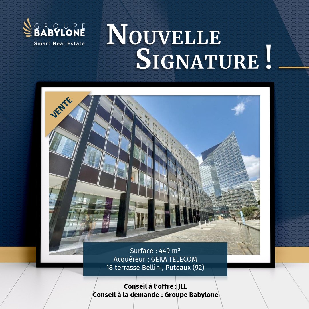 GEKA Telecom, spécialisé dans les réseaux de télécommunication, vient d’acquérir une surface de bureaux de 449 m² au 18 terrasse Bellini, à Puteaux (92).

Une transaction réalisée par le département Bureaux de Groupe Babylone, conseil à la demande, et JLL conseil à l'offre.