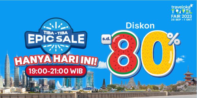 BAGI-BAGI TOTAL 5 JUTA! Dalam rangka Tiba Tiba EPIC SALE ✨

Syaratnya:
● Follow aku
● Like &amp; reply tweet ini “Tiba Tiba EPIC Sale, Diskon Hotel dalam &amp; luar negeri s.d. 80% - HANYA HARI INI 19.00 - 21.00 WIB
#TravelokaEPICSale”
● Jangan lupa hashtag &amp; kasih GIF terbaik kamu