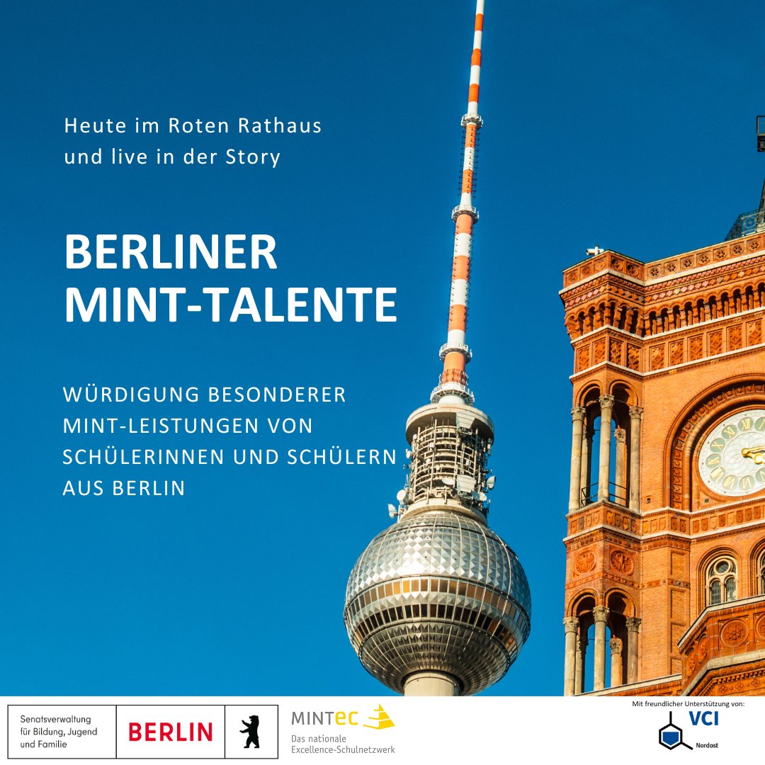Heute werden __ Schüler*innen mit herausragenden MINT-Leistungen im vergangenen SJ ausgezeichnet. Wir danken insbesondere <a href="/SenBJF/">Senatsverwaltung für Bildung, Jugend und Familie</a> ebenso <a href="/Nordostchemie/">Nordostchemie-Verbände</a> und den 8 Berliner MINT-EC-Schulen für die freundliche Unterstützung und freuen uns auf eine tolle Würdigungsveranstaltung. 😍🎉