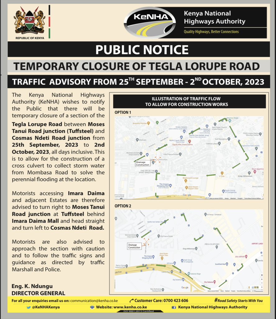 PUBLIC NOTICE
Temporary closure of Tegla Lorupe Road
#trafficupdates #kenhaalerts