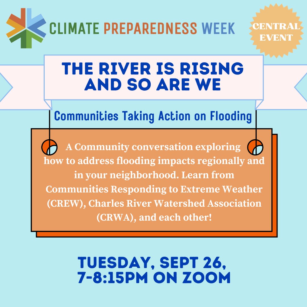charlesriver's tweet photo. #ClimatePrepWeek is here! ⛈️
Join us tomorrow for "The River is Rising & So Are We: Communities Taking Action on Flooding" with @climatecrews to learn about the #CharlesRiverFloodModel.
https://t.co/2nRMlHRIJu https://t.co/BekyiFDqJk