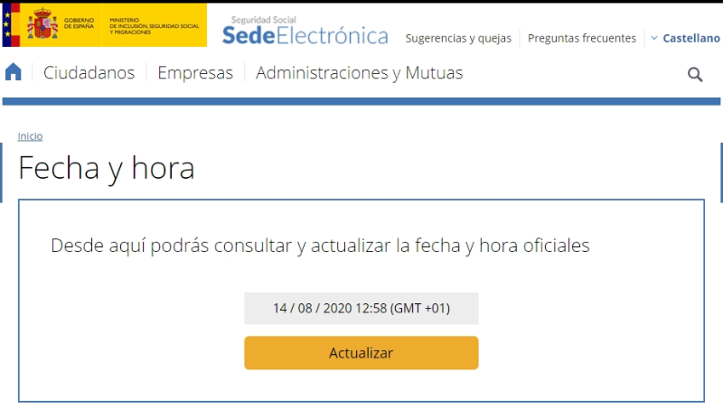 info_TGSS's tweet image. 🕒 ¿Qué hora es?

🖥 En nuestra #SEDESS tienes disponible un servicio para consultar la hora y fecha oficial 👉 bit.ly/2vEQ8p3

📖 Bajo el amparo del artículo 26.5 de la Ley 11/2007 de 22 de junio 👉 bit.ly/2SwEN3g