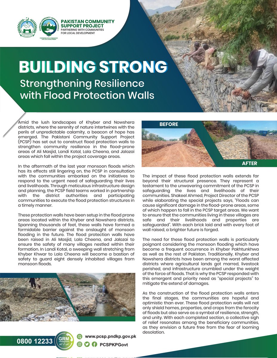 PCSPKpGovt's tweet photo. The Pakistan Community Support Project (PCSP) has set out to construct flood protection walls to strengthen community resilience in the flood-prone area of Ali Masjid, Landi Kotal, Lala Cheena and Jalozai area which fall within the project coverage area.
#PCSPImpact https://t.co/40maUiinSj
