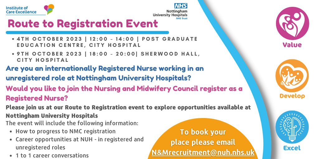 Are you an internationally registered nurse in an unregistered role at @nottmhospitals? Would you like to join the @nmcnews as a Registered Nurse? Join us at one of our sessions for a bespoke 1-1 career conversation and explore the opportunities available to you! @ICERandRteam