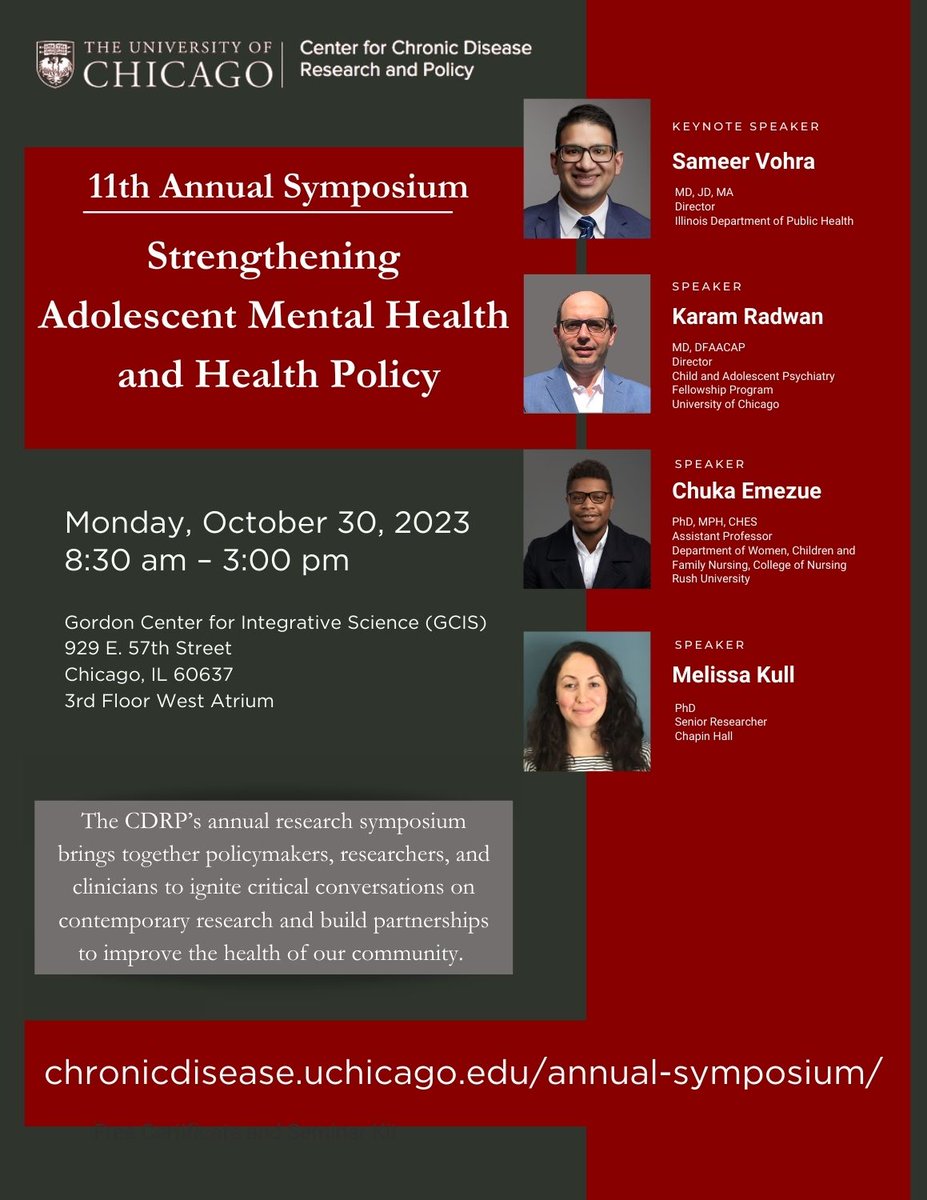 Oct 30: CDRP 11th Annual Symposium: Strengthening Adolescent Mental Health and Health Policy! Join us for talks by @sameervohra, Karam Radwan, @DrChukaEmezue, and Melissa Kull, poster session, networking, and lunch -- register at eventbrite.com/e/strengthenin… #mentalhealth #cdrpas