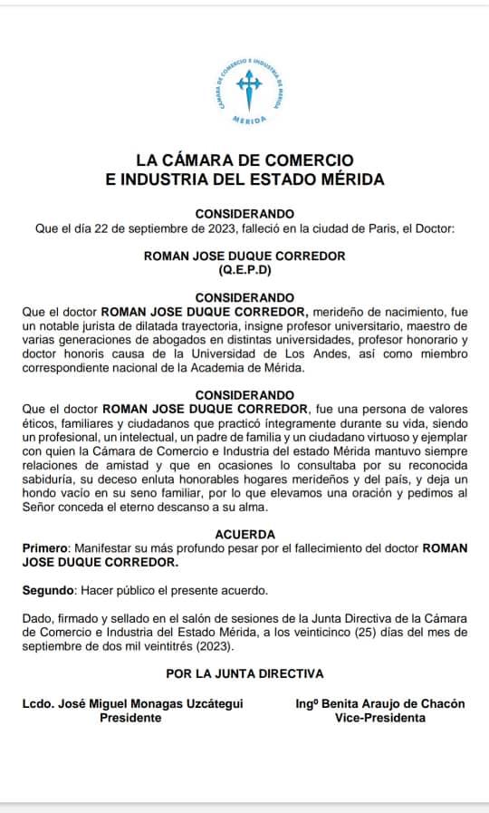 comerciomerida's tweet photo. La Cámara de Comercio e Industria del estado Mérida lamenta el sensible fallecimiento del Dr. Román José Duque Corredor QEPD. Paz a su alma https://t.co/AA10TjiCdZ