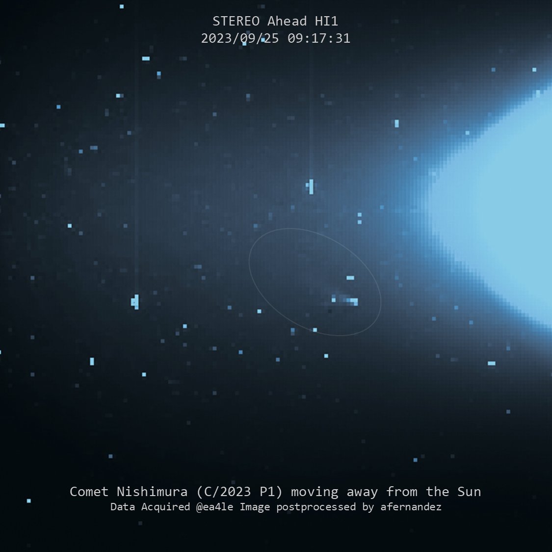 Comet Nishimura (C/2023 P1) moves away from the Sun 8 days after perihelion and is becoming fainter. It will take 435 years to reach again this area ;) Data from STEREO HI1 heliograph taken earlier today and received at EA4LE.
