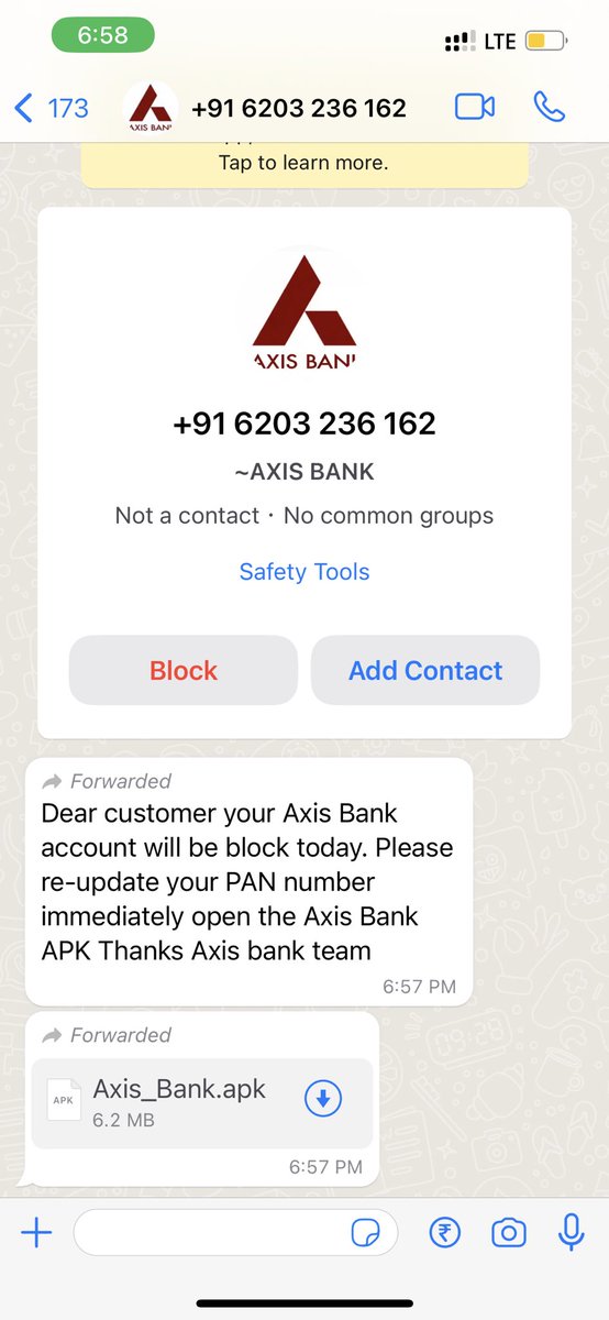simranjitvirdi's tweet photo. @AxisBank @AxisBankSupport got a spam WhatsApp message. Blocked it. Sharing so that you may broadcast message to a larger audience for awareness https://t.co/pS8sxWz6sB