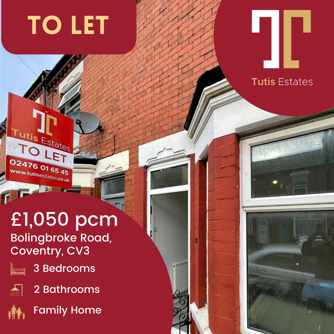 TutisEstates's tweet photo. TO LET - 3-bed house to rent
📍Bolingbroke Road, Coventry, CV3📍 £1,050 pcm

*Unfurnished
*Great location
*Available 01.12.23
*Family home
*3 bedrooms

Find out more: https://t.co/C6lP0qhP2G

#coventry #tutisestates #renting #familyhome https://t.co/7CePyYohBz