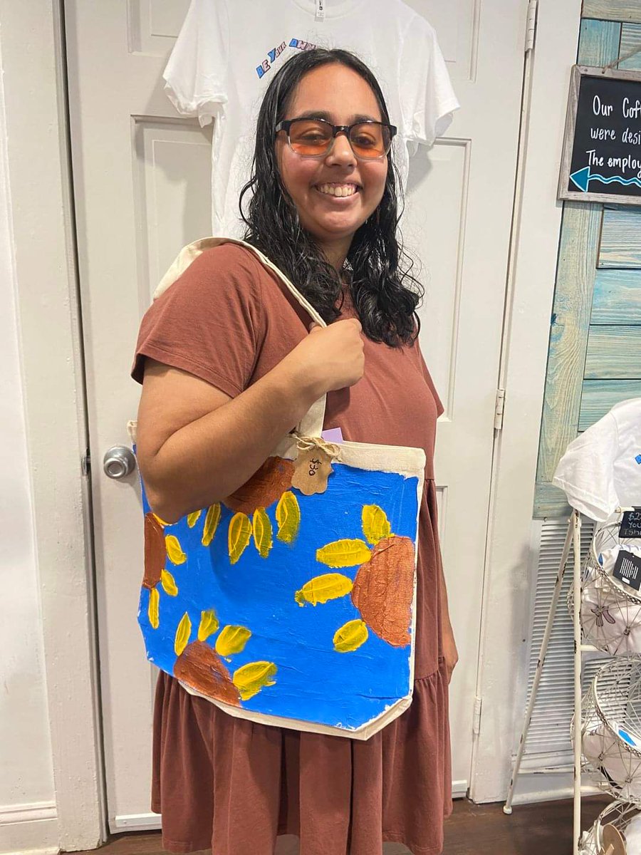 Sarena Kapur, one of our talented local artists with differing abilities, creates these cheerful, painted canvas tote bags. Sarena's totes will only be at Esteamed Coffee through the end of this week, so hurry in! #shoplocal