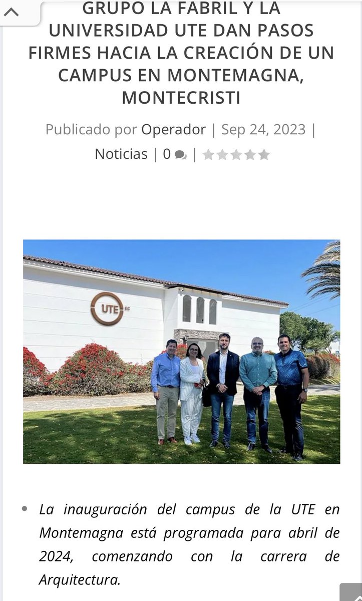 #UTEenMedios I "Grupo La Fabril y la Universidad UTE dan pasos firmes hacia la creación de un campus en Montemagna, Montecristi", así titula el diario digital <a href="/quebakanec/">Quebakan.com</a>, sobre esta noticia que beneficiará a jóvenes de #Manabí y de la región.

📝Nota: bitly.ws/VCop