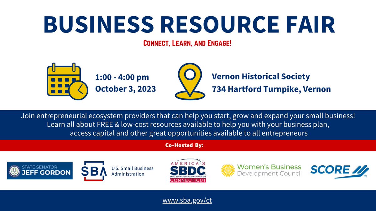 Save the date and join us on October 3rd for our first Vernon Resource Fair co-hosted by @ctsbdc, @CTWBDC and Senator @JeffreyGordonMD.  
#SmallBusinesses 
#BusinessResources