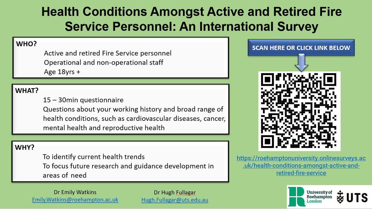 Calling all fire service personnel (current or retired, UK or abroad! Please help @_emilyrw, @HughFullagar, and I establish the prevalence (& associated risk factors) of health conditions within the service by completing our survey. Please RT widely