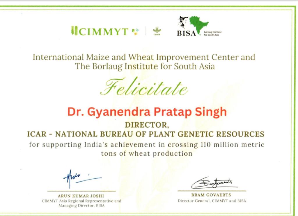 Hurray! What a proud day for  <a href="/icarindia/">Indian Council of Agricultural Research.</a>-NBPGR. <a href="/CIMMYT/">CIMMYT</a> has recognised the contribution of Dr. G.P Singh (Wheat man of India) contribution in #Bharat achievement of crossing 110 million metric tons of #wheat production.<a href="/PMOIndia/">PMO India</a> <a href="/AgriGoI/">Agriculture INDIA</a> <a href="/nstomar/">Narendra Singh Tomar</a> <a href="/PIBAgriculture/">PIB Agriculture</a>  <a href="/agri_today/">Agriculture Today Group</a>