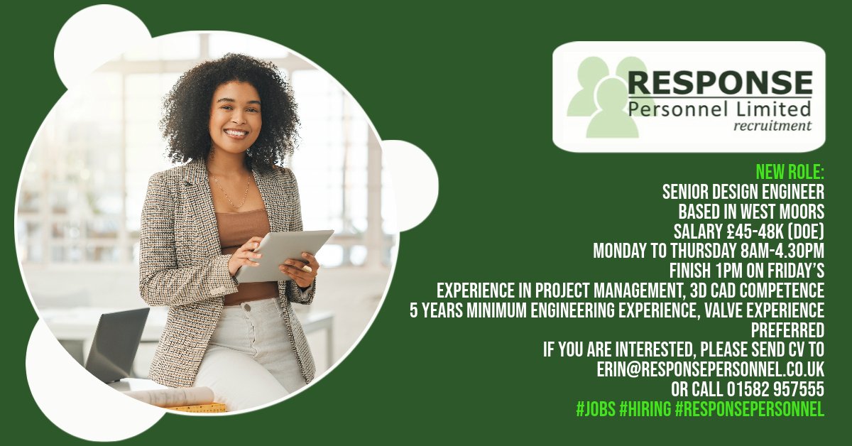 ResponseJobs's tweet photo. Senior Design Engineer
Based in West Moors
Salary £45-48k (DOE)
Experience in Project Management, 3D CAD Competence
5 years minimum engineering experience, valve experience preferred
If you are interested, please send CV to erin@responsepersonnel.co.uk
Or Call 01582 957555 https://t.co/CtFA7NrQMJ