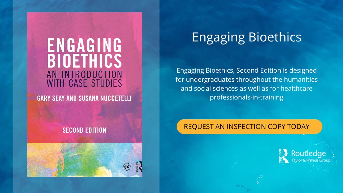 Engaging Bioethics cover image on Blue background. Request an inspection copy button.