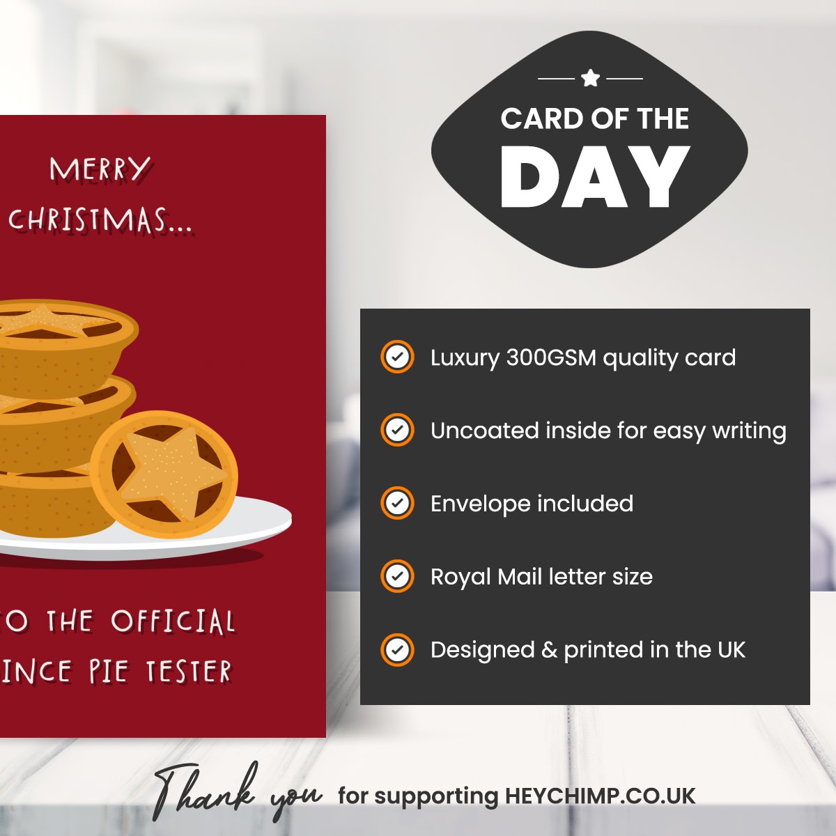 🎄 Looking for a funny Christmas card that will bring smiles? Check out this Humorous Mince Pie Tester Christmas Card! 🥧🎅

Get yours now: heychimp.co.uk/products/chris…

#ChristmasCard #FunnyCard #MincePieTester #HolidayGreetings #GiftIdeas