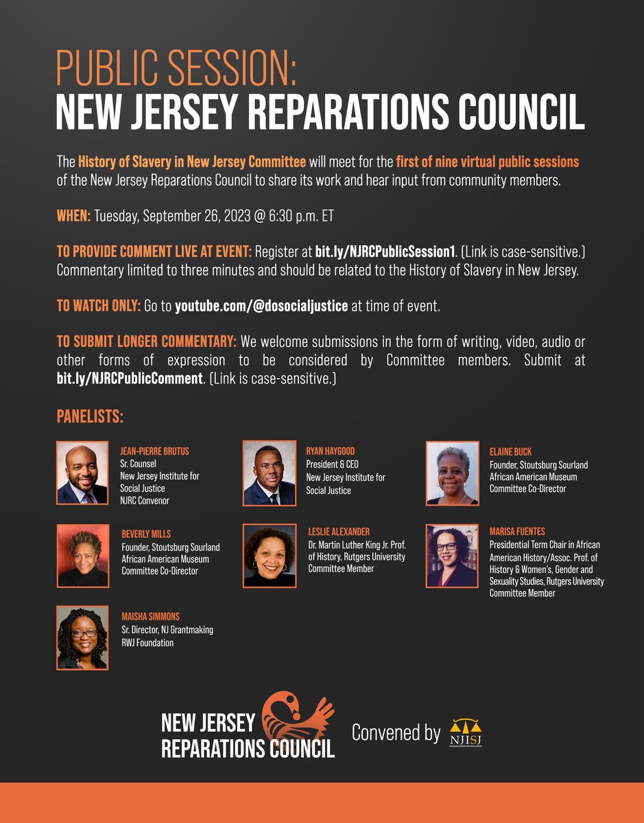 Join us Tuesday, September 26th at 6:30 PM for the New Jersey Reparations Council’s first public session, led by the History of Slavery in NJ Committee:  youtube.com/@DOSOCIALJUSTI… @lesliemalex
