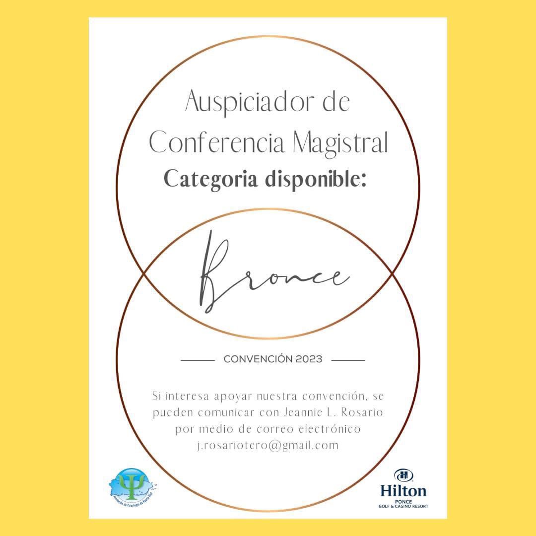 En estos momentos tenemos disponible la categoría de Bronce para Nuestra Convención Anual 2023. Gracias de antemano por su compromiso con la comunidad y la psicología en Puerto Rico! 

Para más información: asppr.net/convencion
