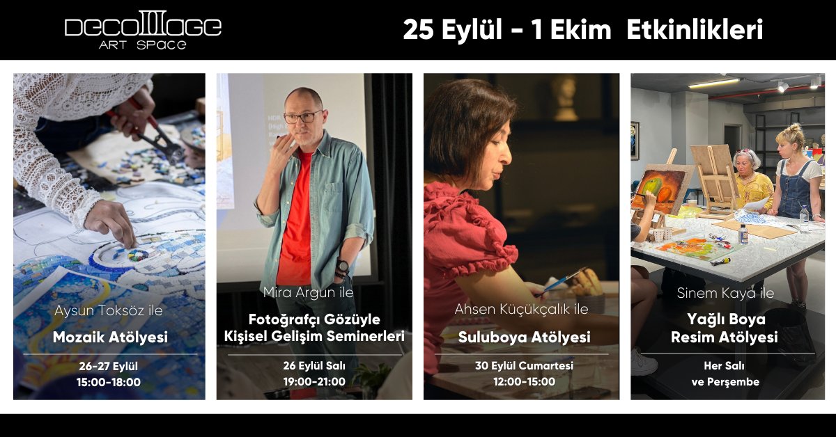 Ufkunuzu genişletecek sergiler, eğlenceli konserler ve sanat dolu atölyeler bu hafta Kadıköy'ün sanat merkezi Decollage Art Space'te.

Bilgi ve kayıt için bize ulaşabilirsiniz.

decollageartspace.com