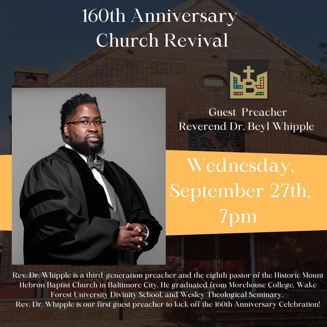 beulahbaptistva's tweet photo. Kicking off our Church Revival we have guest preacher Rev. Dr. Beryl Whipple delivering the Word this Wednesday at 7pm! 
@DrBWhipple 
Come on Beulah, let’s show up and show out! It’s our anniversary! 🎶 

#Beulah160Years
#AlmostThere
#October19th https://t.co/pGUGs4ZvVd