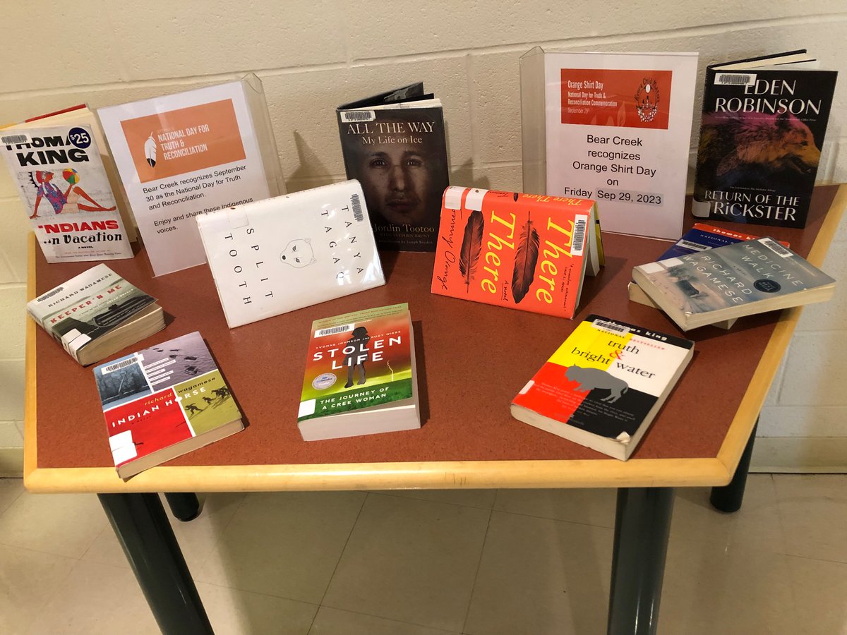 Bear Creek will be recognizing orange shirt day on Friday. If you have something orange to wear, please do! 

Stop by the libs to browse our display of contemporary Indigenous voices.