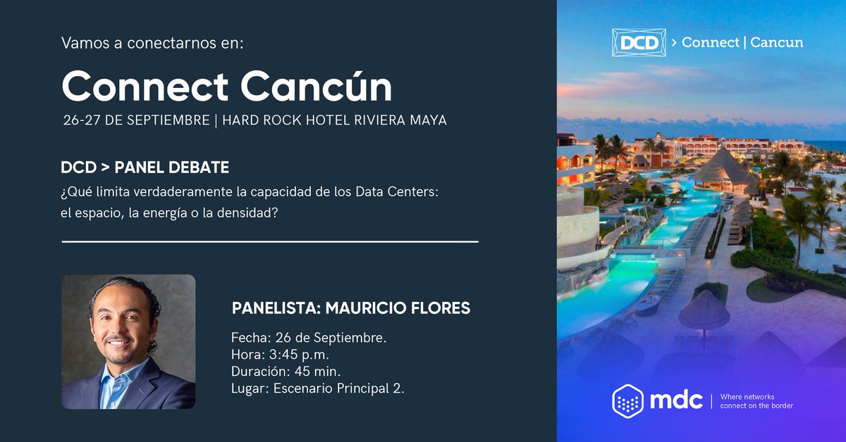 mdcdatacenters's tweet photo. Estamos orgullosos de participar en el próximo evento de DCD Cancún, donde nos uniremos a otros profesionales para discutir los desafíos de los centros de datos en la región.
@mau_falanis representará a MDC Data Centers en este evento tan importante.
#DCDConnectLive https://t.co/nq9V6s5JVj