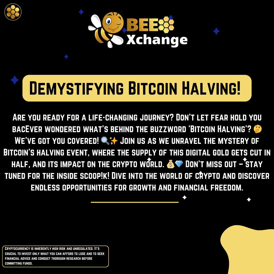 BeexchangeI's tweet photo. Demystify Bitcoin Halving with BeExchange! πͺπ
Get ready to unravel the secrets behind #BitcoinHalving and understand its impact on the crypto world. ππ₯
#BitcoinExplained #CryptoInsights #BlockchainEducationΒ #HalvingEvent #Cryptocurrency #DigitalAssets #BeExchange πͺπ§ https://t.co/F80aS1ENRw