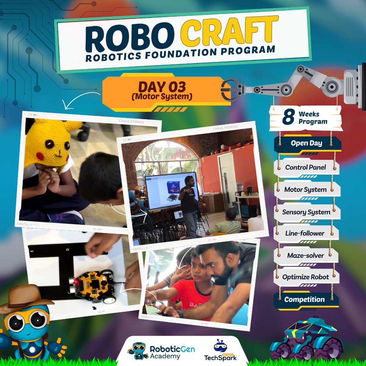 RoboticGen's tweet photo. Day 3 of RoboCraft - Exploring Motor Systems with RoboticGen 🤖⚙ 

Today, our robot lovers dived into the world of motor systems, kindling their curiosity and engineering skills. 

Stay tuned for more! 💙🔥

#roboticgen #robocraft #robotics https://t.co/TY8HgdHYjl