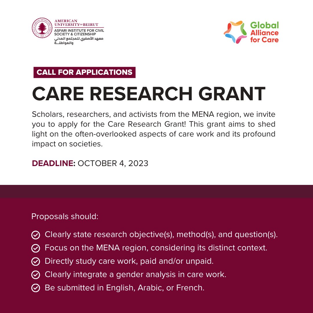 🌟 Exciting Grant Opportunity at #AsfariInstitute 🌟 Explore the critical field of care work in the #MENA region! 🌿 Apply for our #CareResearchGrant by Oct 4, 2023! ✨ More details: forms.gle/35KZPdcB6ANfw1… #ResearchGrant #Equality