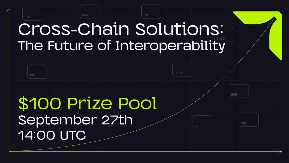 Join us this Wednesday for "Cross-Chain Solutions: The Future of Interoperability" space🚀

📅September 27th, 14:00 UTC
💰Prize Pool: 100 USDT

How to win prizes:
1️⃣Follow our twitter
2️⃣Join the raffle: link3.to/e/z9Y7kp
3️⃣Like &amp; RT