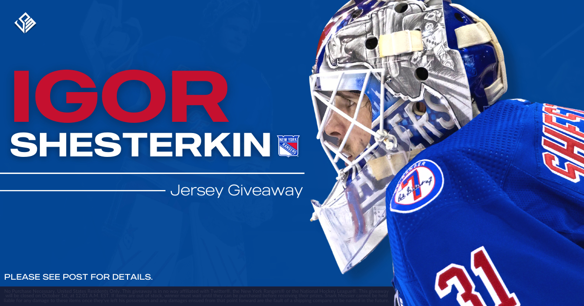 SnarkMessier's tweet photo. Rangers hockey is back, I’m nearing 1,000 followers &amp; I’d like to do something nice for someone random. 

So, I’m giving away an Igor jersey! 👀🔥 #NYR 

To Enter: 
• Like &amp; Repost.
• Follow: @NYRFanatic. 
• Comment: Your favorite food.

A winner will be selected on 10/02/23. https://t.co/BfQf5JBRyH