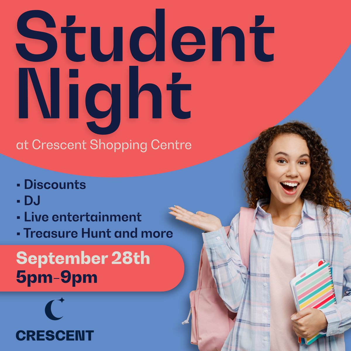Student Night at Crescent Shopping Centre is this Thursday 28th Sept. Join us from 5pm-9pm for an evening of discounts and live entertainment!