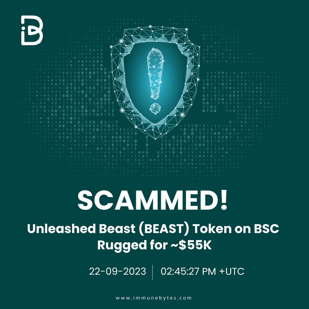 ImmuneBytes's tweet photo. On 22 Sept, Unleashed Beast ($BEAST) token on #BSC was #rugged for 💰~$55K when the 😈deployer removed 262.55 WBNB and 368,734,937.91 $BEAST #tokens from the L.P.

📝Contract Add: https://t.co/9dV9NQP6MU

😈Deployer Add: https://t.co/pbL9GNeQPY

😈Txn: https://t.co/HTzQsMFpt0

The deployer then transferred 💰262 BNB to add 0x6bea6D31d03C1BA7af0880532D888E98AAF395E5, which was then sent to Binance Hot Wallet

#Blockchain #BlockchainEducation #Blockchain101 #WEB3 #web3community #web3jobs #Cryptos #bugbountytips #BugBounty #ethereum #blockchains #BlockchainRevolution #Crypto #CryptoNews #cryptocurrencies #hacks #binance📷 #solidity #smartcontract #defi #cryptotrading #cryptomarket #CryptoInvesting #CryptoInvestor #CryptoInvestment #BlockchainTechnology