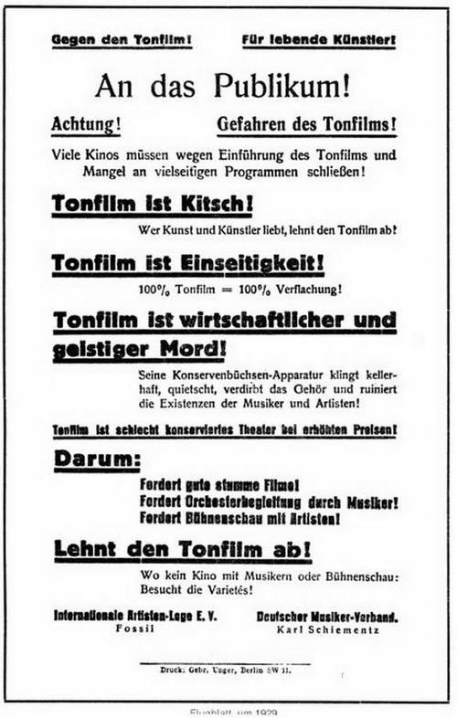 Nachdem es mir heute morgen via <a href="/peterglaser/">Peter Glaser</a> auf Twitter begegnete, werfe ich zum Thema #Transformation mal dieses historische Flugblatt zur Einführung des #Tonfilms ins Gremium #digitalculturesummit