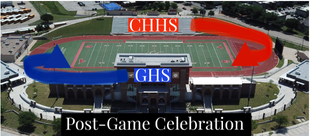 Post game will be adjusted this week for the Red Rail game. <a href="/GHSMustangsFB/">GHSMustangsFootball</a> will do what they normally do and go to the north gate. <a href="/CHHS_FOOTBALL/">CHHS Football</a> will go to the south gate under the video board to enter the field. <a href="/GCISD/">Grapevine-Colleyville ISD</a> <a href="/Supt_GCISD/">Brad Schnautz</a> <a href="/_Jerry_Edwards/">Jerry Edwards</a> <a href="/Coachdebesse5/">Bob DeBesse</a> <a href="/CHPantherPride/">Colleyville Heritage</a>