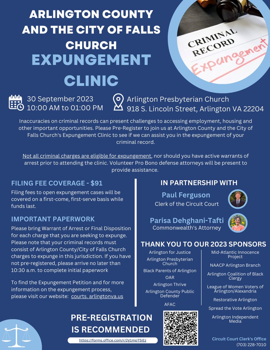 Delivering #accesstojustice is more than just words. It takes action. Arl &amp; City of FC #expungementclinic this Sat! Filing fees covered on a first-come basis! Highly recommend pre-registering. Please share and any questions call Clerk's office #community forms.office.com/r/2g1mpT5iEz